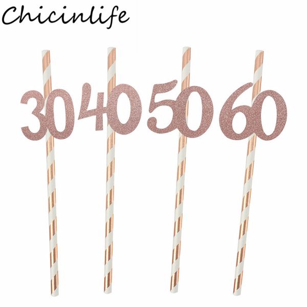 10pcs rosegold 30 40 50 60 yıl kağıt çizgili içme pipetler mutlu yıllar partisi dekor yetişkin 30. 40. yıl dönümü malzemeleri