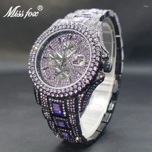 Relógios de pulso Men Quartz Assista Hip Hop Iced Out Purple Zircon Party Luxury Party Jewlry Watches com calendário Discos decorativos do relógio de mão masculino