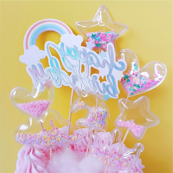 Bolo de PVC em forma de coração Topper UNICORN Crown colorido transparente cupcake topper para decorações de bolo de aniversário de festas de casamento