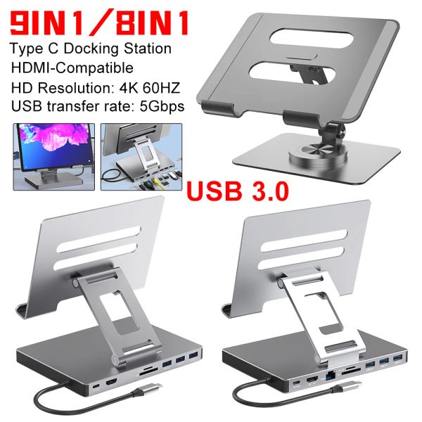 Hubs Tipo C Docking Station Hdmicompatible Multaduras portas hub pd USB3.0 Gigabit Ethernet Laptop Stand Stand Aluminium Dreking Station