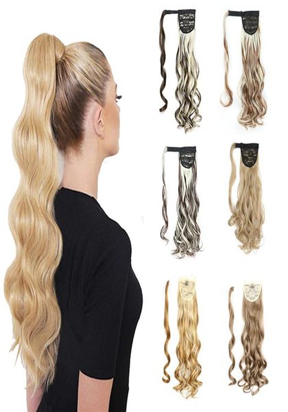 Highlight Body Wave Clip in Pferdeschwanzverlängerung für schwarze weiße Frauen dicke Haare Wickeln Sie falsche natürliche wellige Ponyschwanz Synthetic 4883512