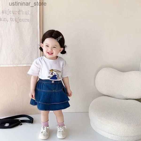 Mädchenkleider Neue Sommer Kinder Mädchen Kleidung Kurzarmdrucken Baumwoll T-Shirt Tops Elastiziert Taille Denim Faltenrock Mode Outfits 0-5y L47