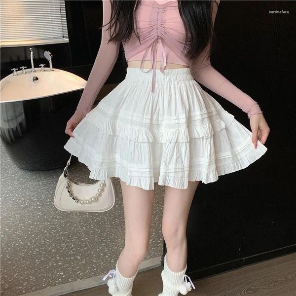 Юбки Deeptown Lolita Плиссированная Ruffle Mini Женщины повседневная белая короткая юбка Cutecor