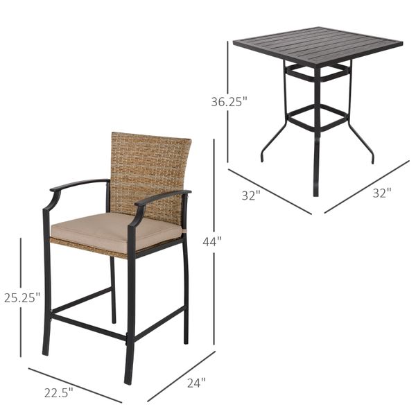 5 PCS Rattan Wicker Bar Table Chair, 4 cadeiras de bar e 1 barra de barra de grãos de madeira, marrom misto marrom