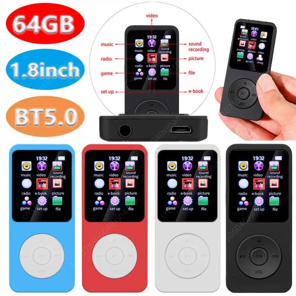 Oyuncular 64GB Taşınabilir MP3 çalar 1.8inch Renk Ekran BluetoothCompatible 5.0 Kompakt Müzik Çalar HiFi Kayıpsız Ses FM Radyo E -Kitabı