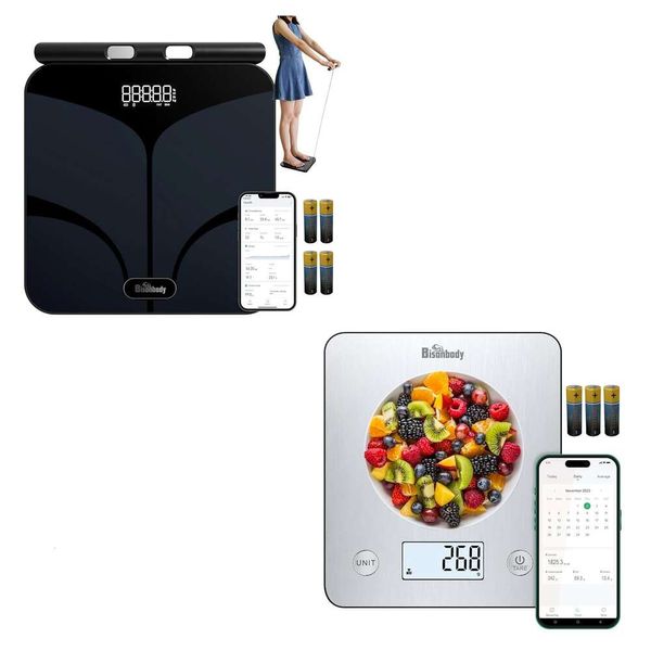 Advanced Bluetooth Smart Digital Badezimmer Körperskala und Küchenskala -Bündel für genaues Gewicht, BMI und Ernährungsverfolgung mit 8 Sensoren