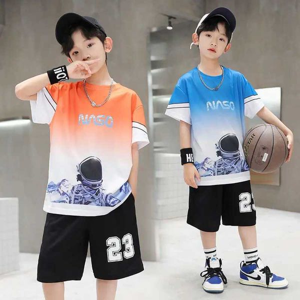 T-shirts Meninos Jersey de basquete de verão de verão Ternos de manga curta de 5 a 14 anos de moda infantil 2pcs camisetas+calças curtas Rous Kids 240410