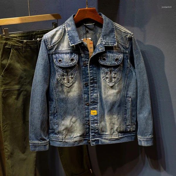 Erkek Ceketler 2024 Retro Sıkıntılı Motosiklet Denim Ceket Erkekler Moda Polo Yaka Dikiş Sıyrık Uzun Kollu Nostaljik