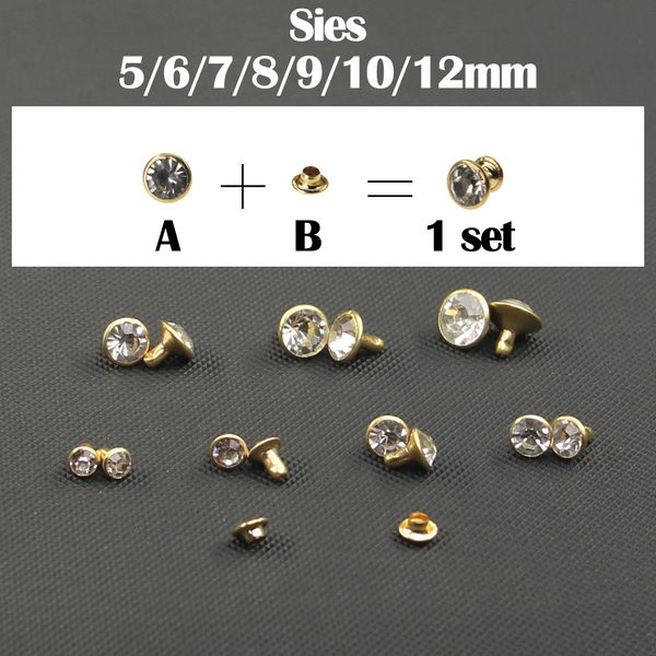 50Sets 5/6/7/8/9/10/12mm Kristalle Strass Nieten Diamant Bolzen, die für Lederträle Gold silberne DIY -Kleiderleder schlugen