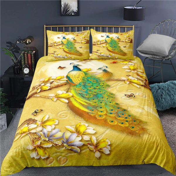 Conjunto de capa de edredom de pavão conjunto rei/size queen size pavão verde padrão floral dourado conjunto de roupas de cama macias mulheres adultos colcha de poliéster tampa