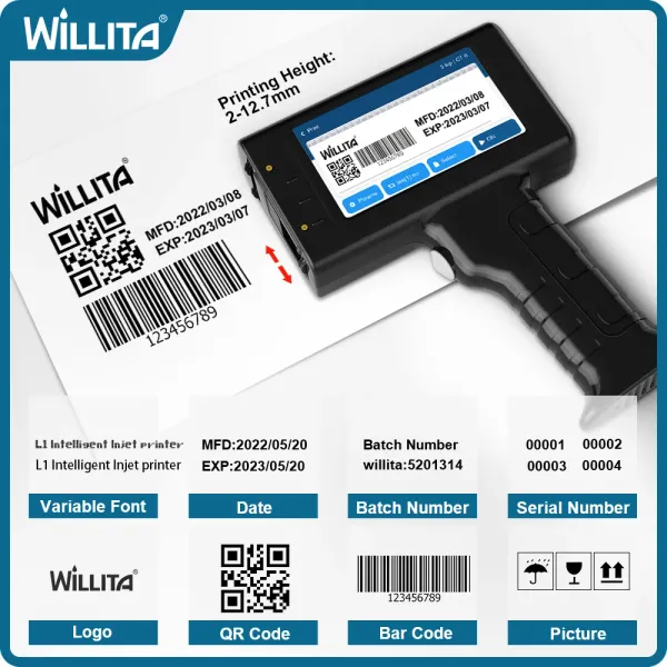 Yazıcılar Willita Portable Handheld Mürekkep Püskürtmeli Barkod Barkod UV QR Kodu Logo Tekstil El Tarihi Yazıcı Etiket Kodlama Makinesi