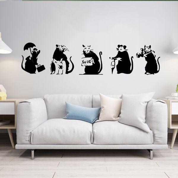 5pcs Graffiti Banksy Rats Mouse Sticker Street Street Rat Animal Wall Decalle Quarto Crianças Decoração de casa de vinil