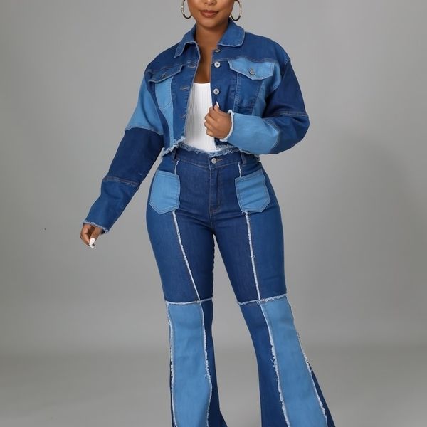 Jeans zweiteilige Hose -Set für Frauen Plus Size Patchwork Flare Pant und Short Jacket Jeans Set Casual Streetwear Long Sleeve Set 240321