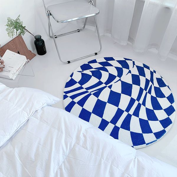 Klein Blue Round Plaid Teppiche Schlafzimmer Dekor Nacht Teppiche Dicke Plüsch Wohnzimmer Teppichhalle Langtteppich nicht rutschfeste weiche Matte