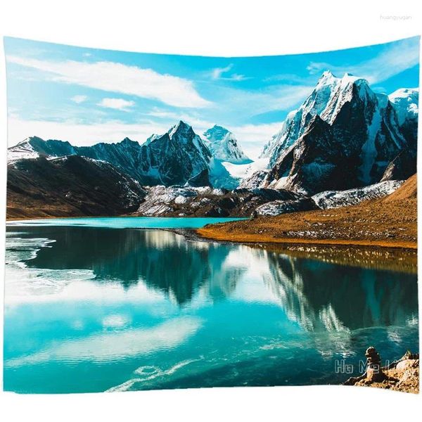 Wandteppiche landschaftlicher Schnee Mountain Lake Druckdecke von ho me lili tapestry wand hängende Kunstdekoration Wohnzimmer