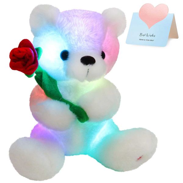 Bambole peluche da 28 cm morbido bianco grave orso giocattolo peluche rosa kawaii a led piena piena di animali da ragazza e regalo di San Valentino J240410