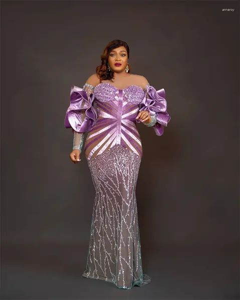 Partykleider ASO EBI Purple Afrika Frauen Meerjungfrau Abend Luxus 2024 Perlenspitzen Rüschen Kleid formelle Abschlussball Plus Size