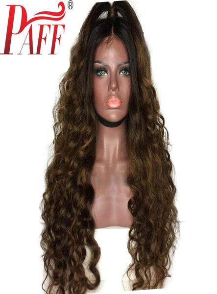 Paff ombre renda cheia perucas de cabelo humano onda solta peruana Remy peruca dois tons de cor marrom escura com cabelo de bebê9505166