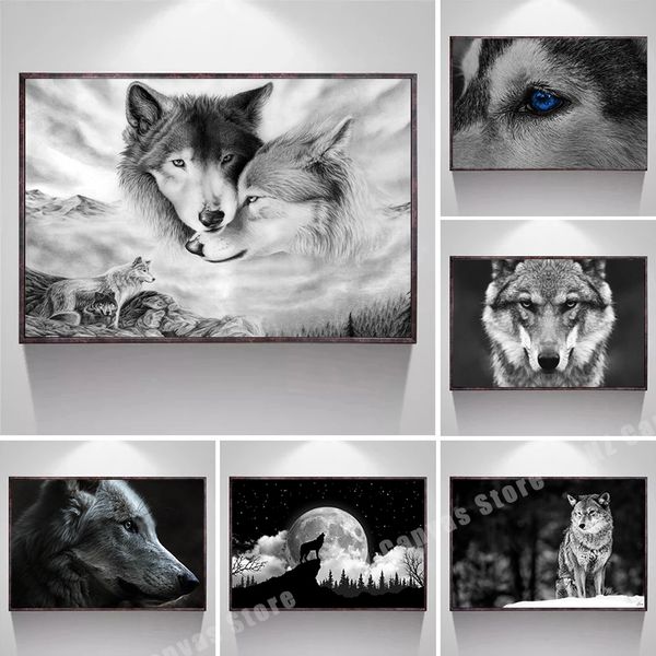 Vahşi Hayvanlar Orman Kurt Duvar Sanat Resimleri Kurt Başı Siyah Beyaz Posterler ve Baskılar Tuval Resim Ofis Ev Odası Dekor