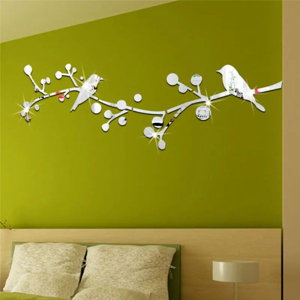 Adesivi doppi uccelli albero riflettente mirror simile a muro decorativo adesivo per casa decorazioni salone camera da letto soggiorno decorazione muro di Natale arti