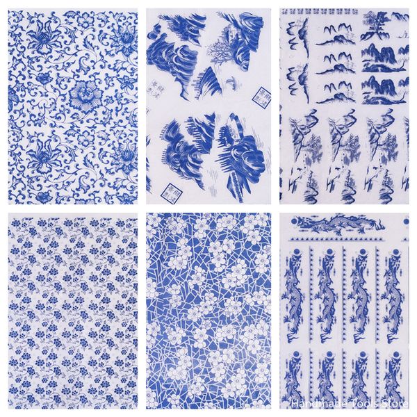 Cerâmica de cerâmica transfere papel de fundo de flores colorido papel azul e branco decalques de adesivos de adesivo Ferramentas de argila 1pcs
