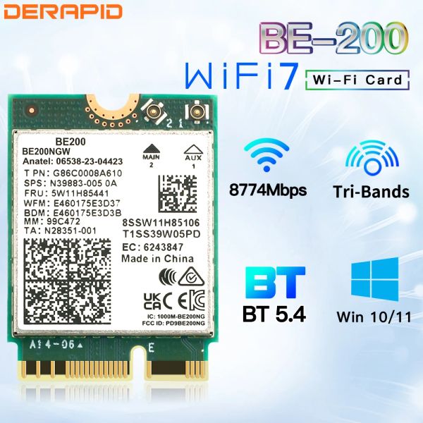 Cards wifi7 be200 bluetooth 5.4 banda tripla m.2 adaptador sem fio NGFF 8774MBPS Desktop/Antena de laptop Conjunto melhor que o AX210 Win10/11