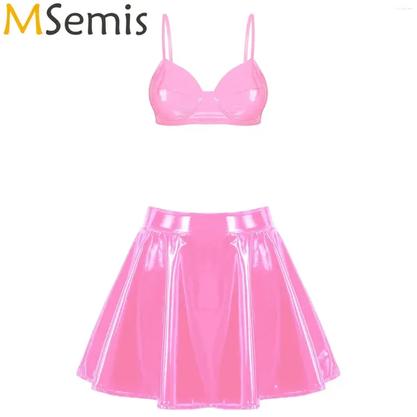 Swimwear's Swimwear Womens Wet Wet Brevent Leather Reggine del reggiseno set Top senza filo con costume da night club per mini night club a mini gonna a cerniera