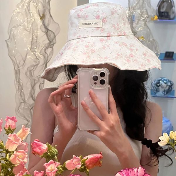 Sweet Pink Small Floral Bucket Hat Summer Lotus Leaf Edge Big Brim Protection Show Versátil Show Face Casual Caps240410