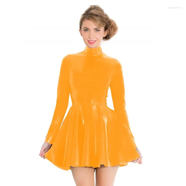 Lässige Kleider Fashion Wetlook PVC Sexy Full Sleeve Slim Kleid hoher Halskörperkörper Mini Club Party Fit und Flare Short Femme