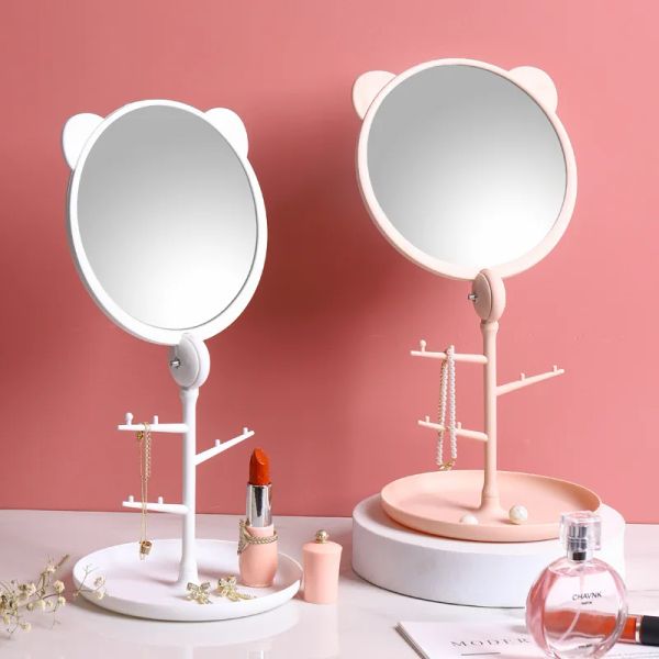 2024 niedliche Katzenohr -Make -up -Spiegel mit Schmuckregalhalter 360 ° Rotationstisch Arbeitsplatte Basis Verwendung für Badezimmer Schreibtisch Kosmetische Spiegel für niedliche Schmuck Rackhalter