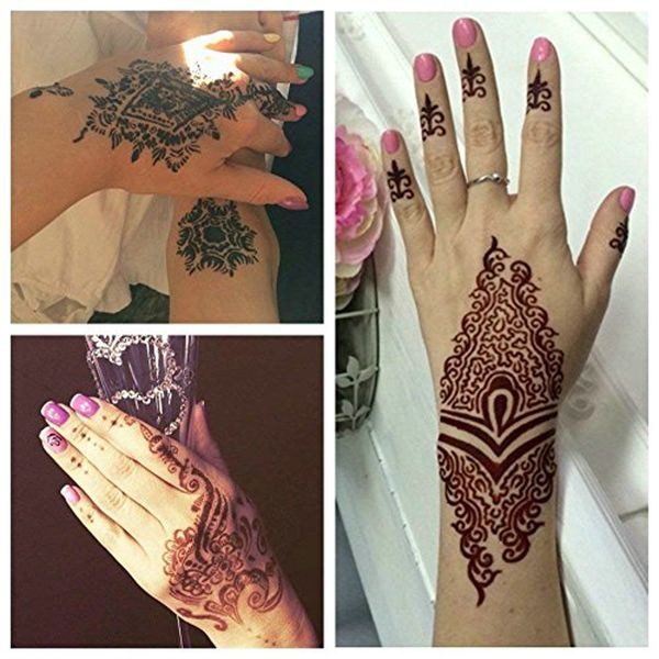 10 estilos grandes modelos de tatuagem de henna para tinta manual, tatuagens temporárias de henna de aerógrafo com brilho de flores 21*12cm