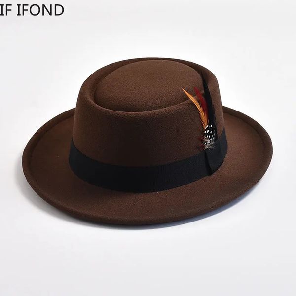 Vintage Pork Pie Hut Herren rollte Brim Filz Fedora Hut mit Feather Gentleman Church Cap Trilby Jazz Hüte 240322