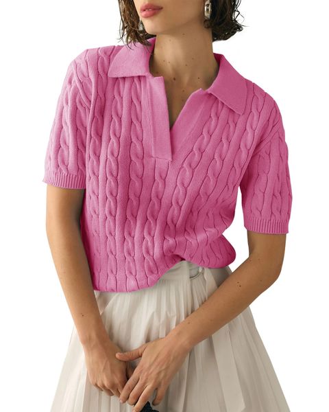 Lässiger rosa Kabel Strick losen V -Nacken Kurzarm Pullover Pullover Frühling Sommer Mode Weiche Lteelkragen Strick Y2K 240410