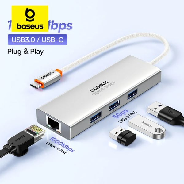 Hubs Baseus USB Hub com 1000Mbps Ethernet Port 3* USB 3.0 Adaptador USB RJ45 LAN USB C Hub para PC Mi Box MacBook Acessórios para laptop