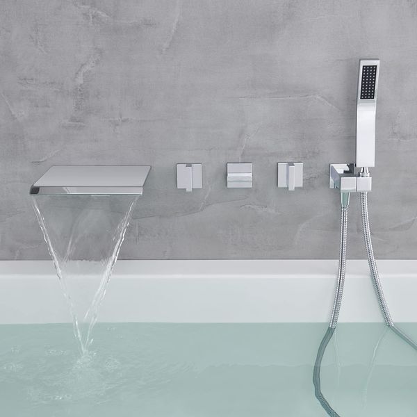 Siyah/krom şelale Roman küvet filtre musluğu el duş, duvara monte 3 sap 5 delikli küvet musluk