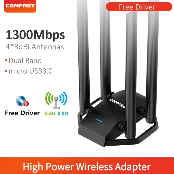 Kartlar 1300m WiFi Adaptörü MT7612 USB3.0 WI FI Ağ Kablosu Dongle 2.4g 5GHz Daul Bant Telwess Anten Alıcı Masaüstü Dizüstü Bilgisayar