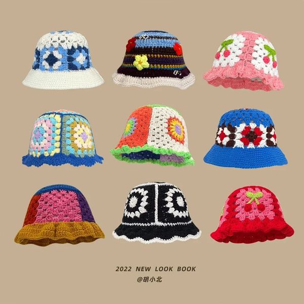 Flor Crochet Bucket Hat Women Women Summer Feiontes de malha artesanais Ins y2K Moda coreana Panamá Cap240410
