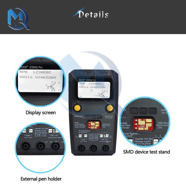 Многоцелевой транзисторный транзисторный ESR/SMD-тестер ESR02PRO Smart Diode Triode Triode Compacitance Meter ЖК-метр MOS/PNP/NPN Тест