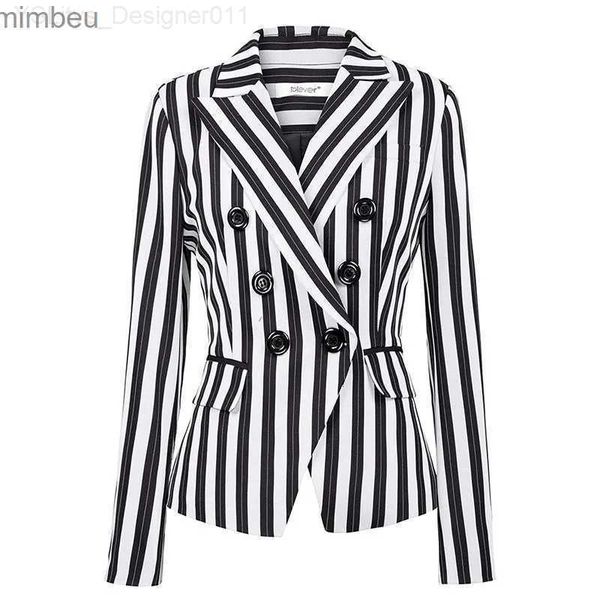 Ternos femininos Blazers vintage Indie listrado Blazer Terne Mulheres Manga comprida Terno de peito duplo 2023 Mulher comuta jaqueta casual blazer plus size codanete C240410