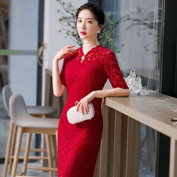 2021 Autumn/Winter Floret Lace per il miglioramento della mamma Old Shanghai Banquet Cheongsam Dress