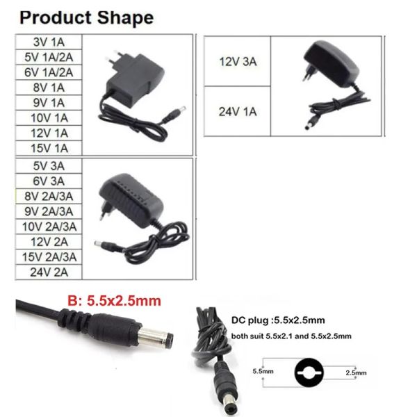 AC 110V 240V DC 3V 5V 6V 8V 9V 10V 12V 15V 24V 1000mA 2A Güç Kaynağı Duvar Şarj Cihazı Adaptörü 1A LED Işık Şeridi için AB Şarj Cihazı