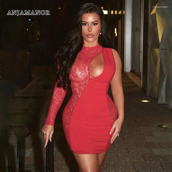 Abiti casual Anjamanor Sexy Red Mini Party Dress in pizzo Mesh Patchwork tagliata a manica singola Short Women Night Club Outfit D85-CI12