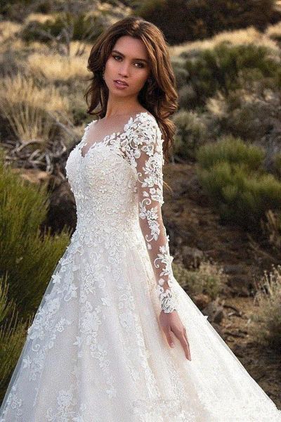 2024 Abiti da sposa modesti Appliques Rhinestone Abiti da sposa a maniche lunghe a v-scollo