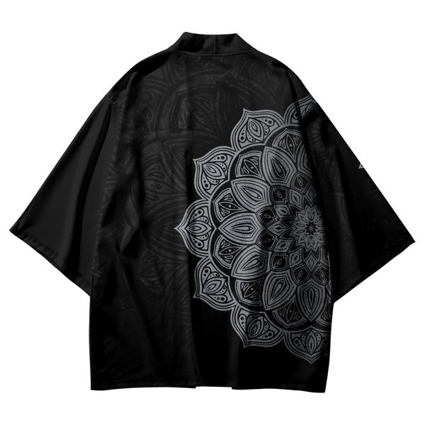 Buddhist Lotus stampato nero giapponese Kimono Beach Shorts Coppie estive uomini Donne Yukata Shirt Haori Cardigan Cosplay