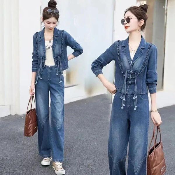 Damen zweisteuelhafte Hosen Mode-Denim-Weitbein-Anzug Herbst Casual Short Jacket Jeans zweiteilige Anzüge weibliche Hosen Sets Blau