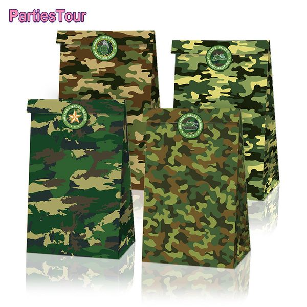 12pcs camuflagem sacos de doces com adesivos decoração de festa de gente de festas da festa militar da caixa de embalagem Bolsa Baby Churche Party Decor