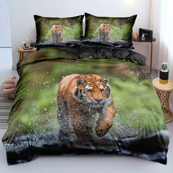 Linho de cama de animal 3D Design personalizado Tiger Duvet Conjuntos de comprovantes de travesseiros 203*230cm Full Twin Double Tamanho único Branco Conjunto