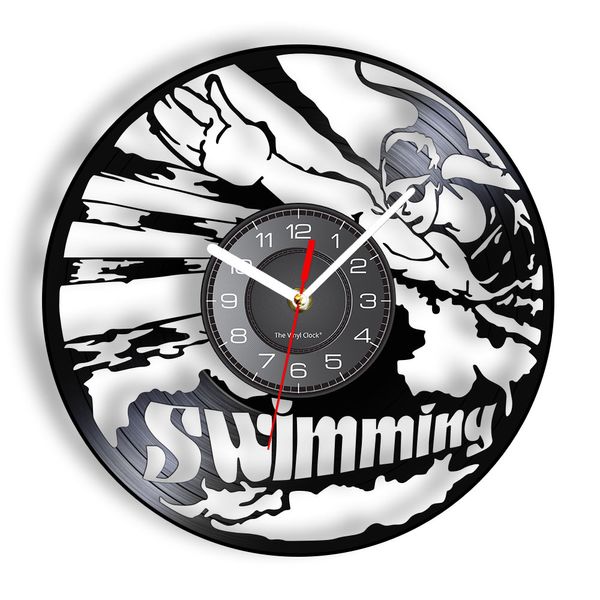 Piscina per piscina arte moderna orologio da parete silenziosa per esercitazioni natatorio in vinile decorazione record nuotatore sportivo decorazioni per la casa artigianato