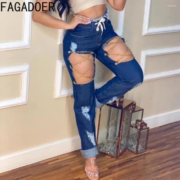 Frauen Jeans Fagadoer Fashion Verband Hollow Hole Skinny Denim Hosen Frauen hohe taillierte Schnüre -up -Jeanshosen Herbst Casual Matching