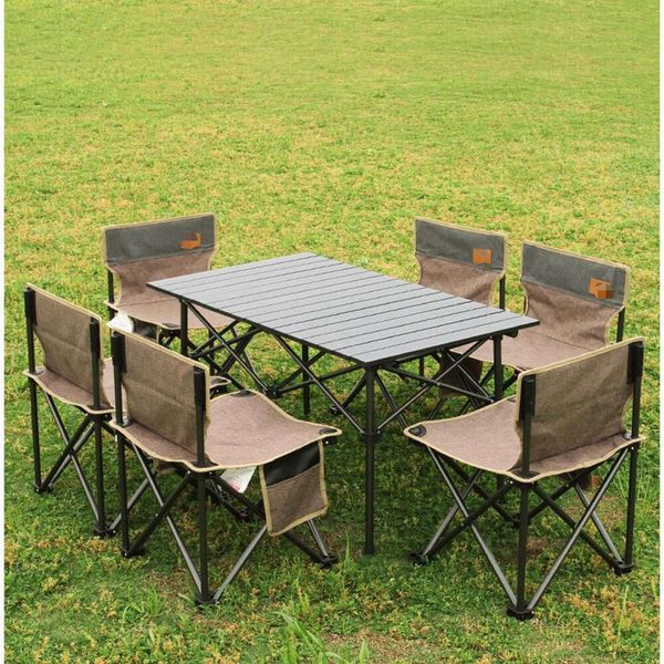 Camp Furniture Mesas de metal dobrável e cadeiras define o pátio ao ar livre Camping Camping de liga de alumínio portátil Tabela